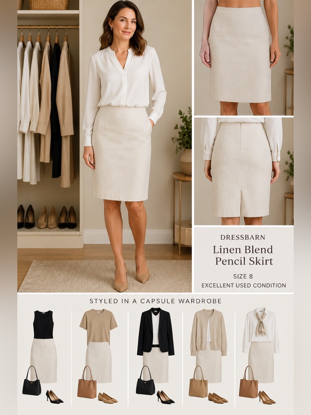 Dressbarn Cream Linen Blend Pencil Skirt Lined Size 8 Classic Career Office